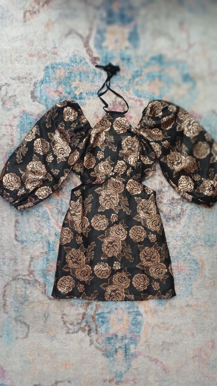 RIVER ISLAND Black Gold Floral Jacquard Puff Sleeve Cut Out Mini Dress UK 8