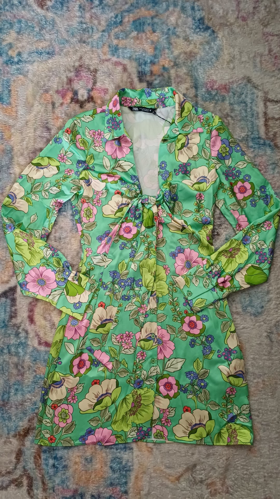 Green Floral Satin Effect Mini Shirt Dress Tie Front Cut Out Long Sleeve XS