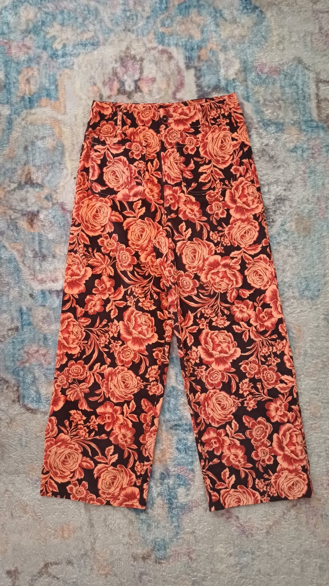 Joanie Clothing Floral Corduroy Wide Leg Trousers Pants Orange Black Size UK 12