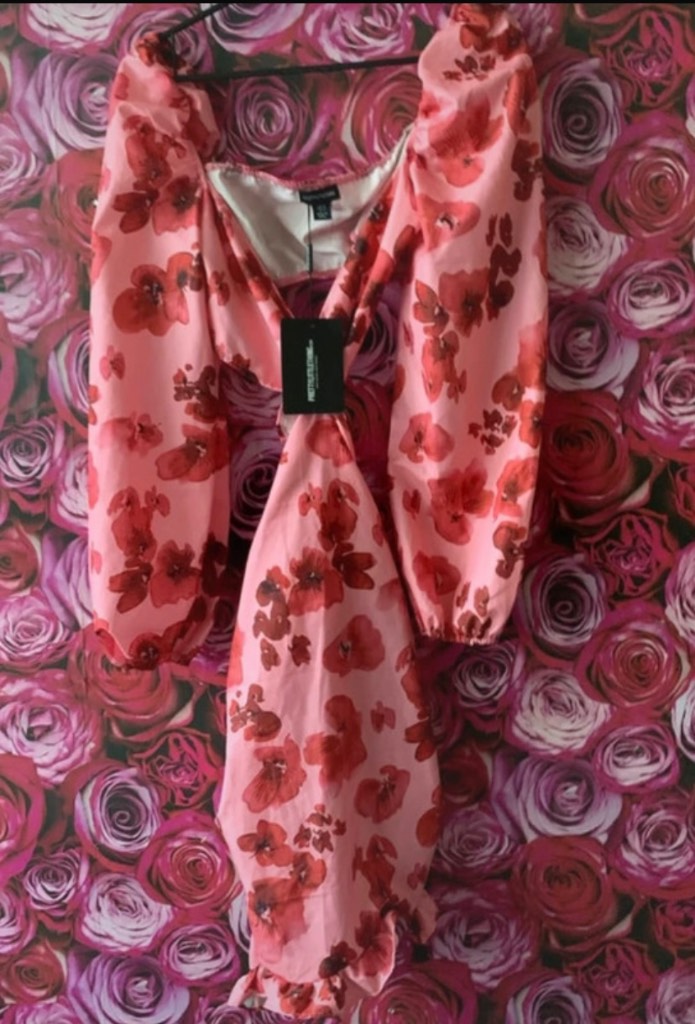 PrettyLittleThing Pink floral ruched cut out back dress