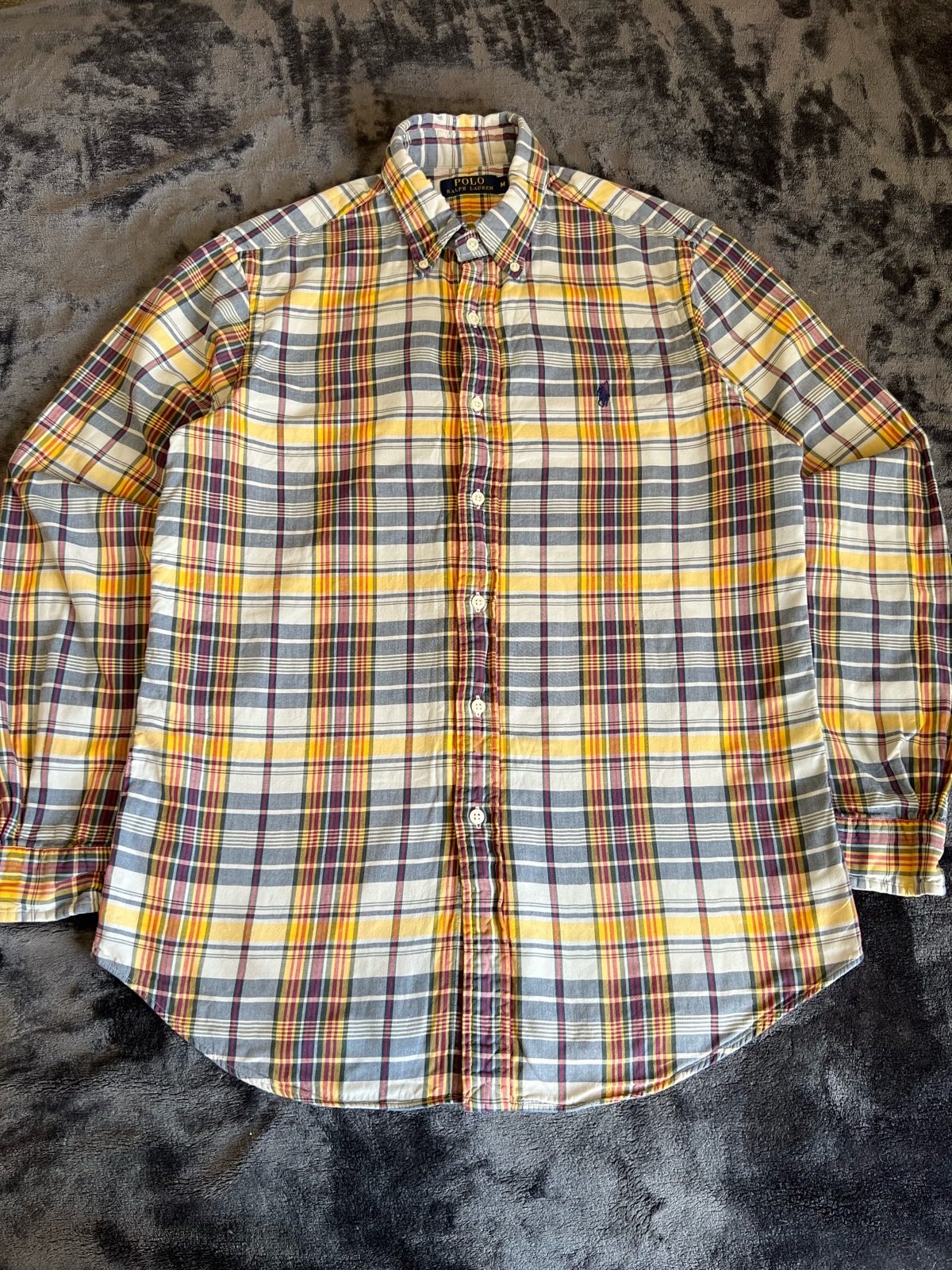 Polo Ralph Lauren Shirt Men’s Size M Yellow Grey Madras Check Long Sleeve Button Down