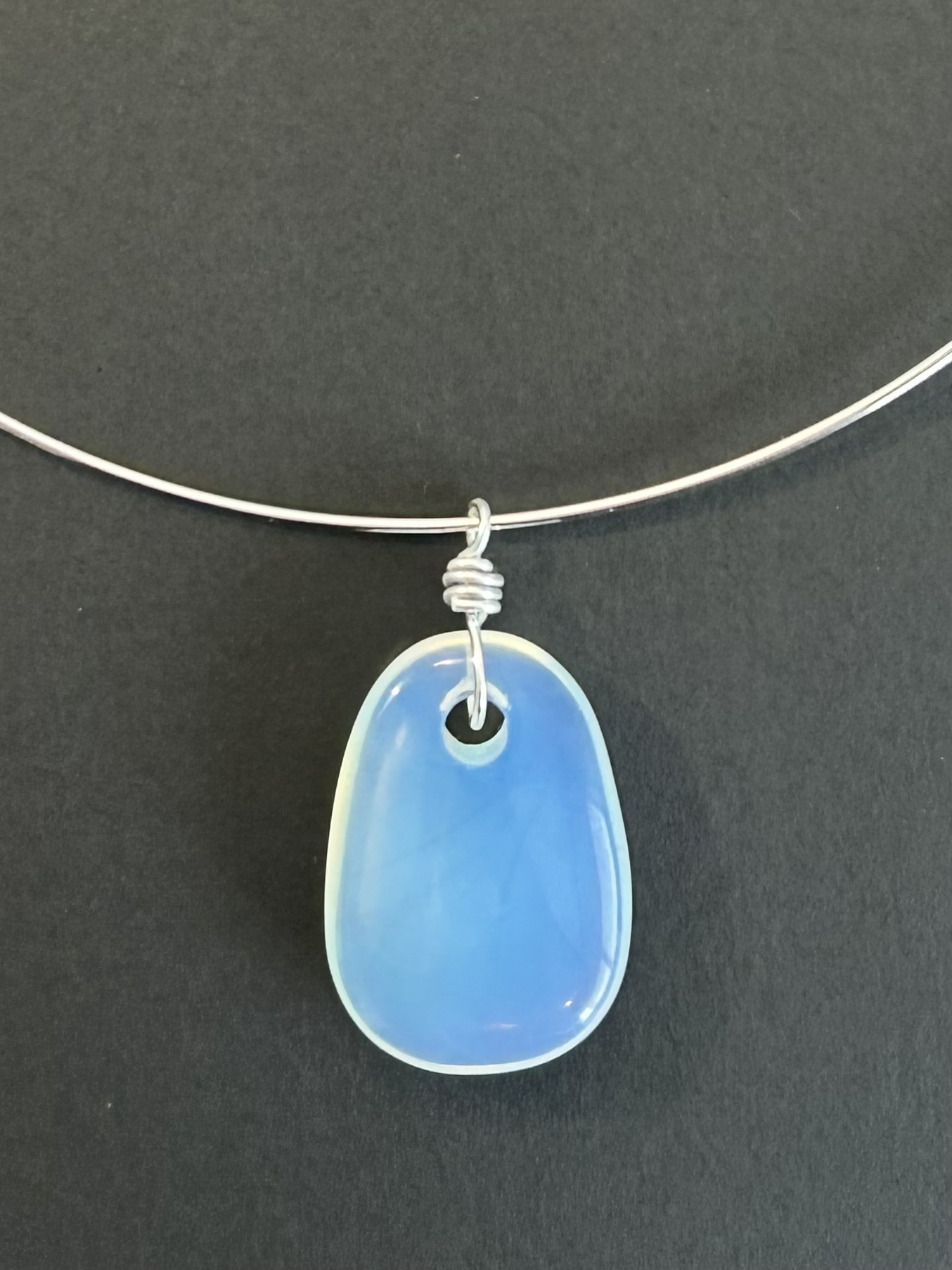 Opalite Pendant on Silver Plated Choker, Irridescent Teardrop Necklace, Blue Pendant Necklace