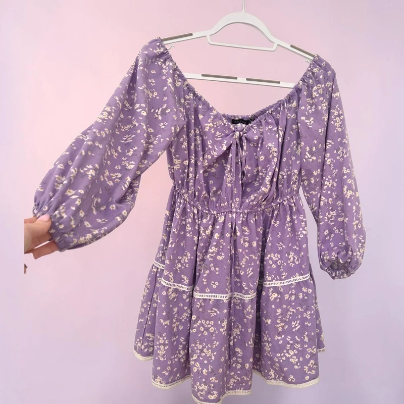 Boohoo Lilac Milkmaid Dress Size 10 Cottagecore Frill Summer Dress