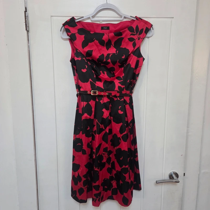 F&F Red & Black Floral Lindy Bop Style Dress Y2K Retro Rockabilly Pin Up Size 10 S / UK