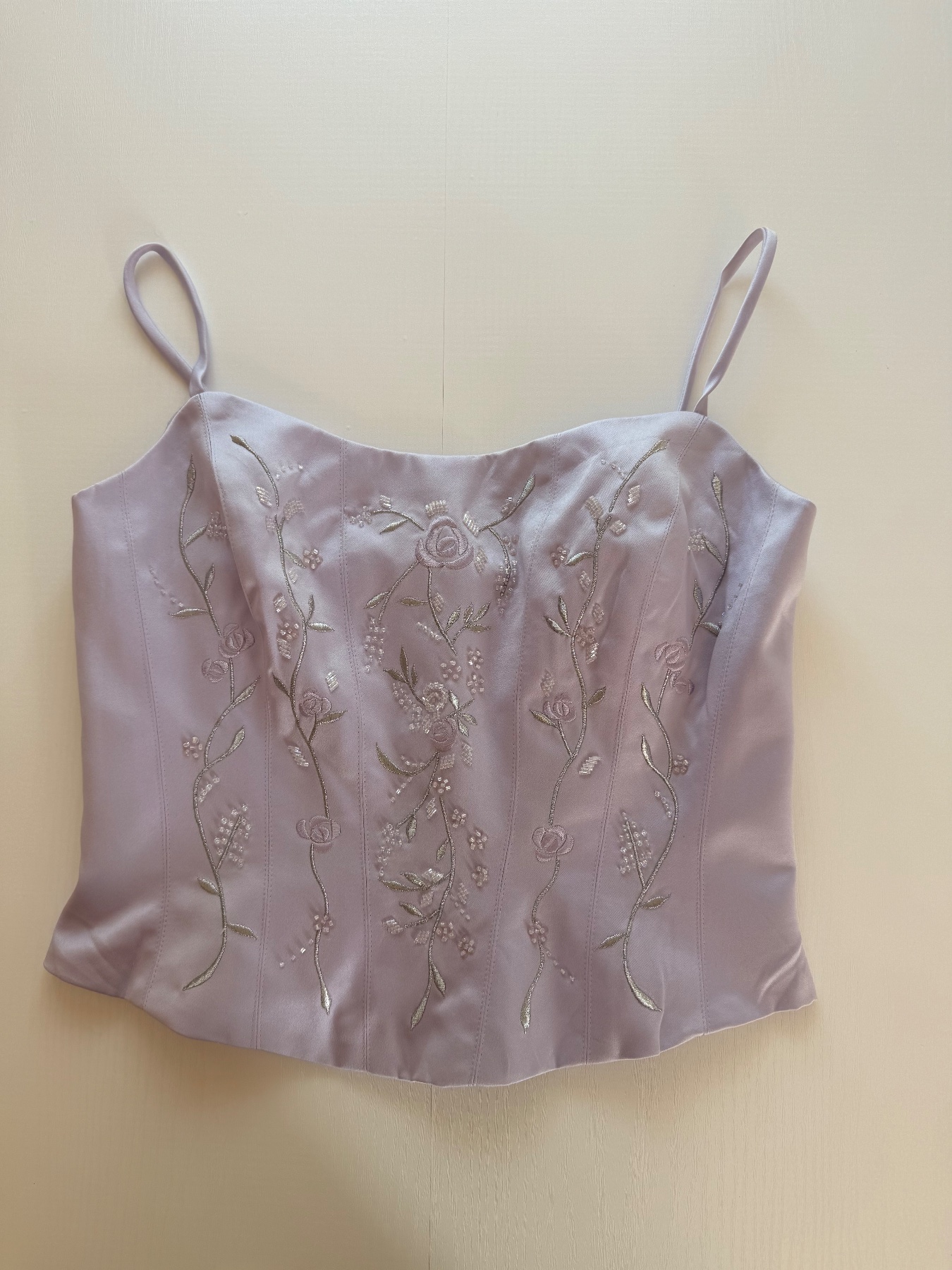 Vintage Y2K Lilac Satin Cami Top Embroidered Floral Detail 2000s size M
