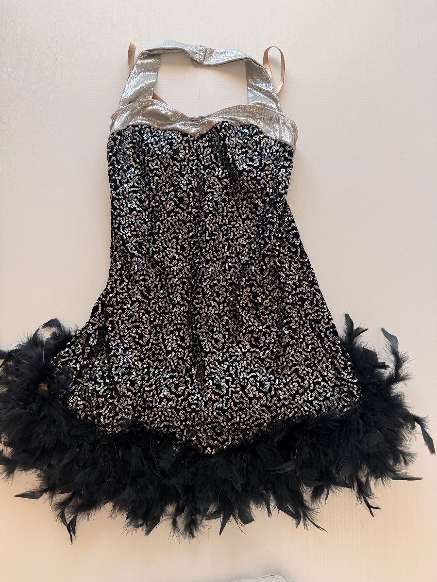 Rare Vintage Y2K Weissman Black Sequin Feather Trim Halter Mini Dress McBling hem fairycore retro