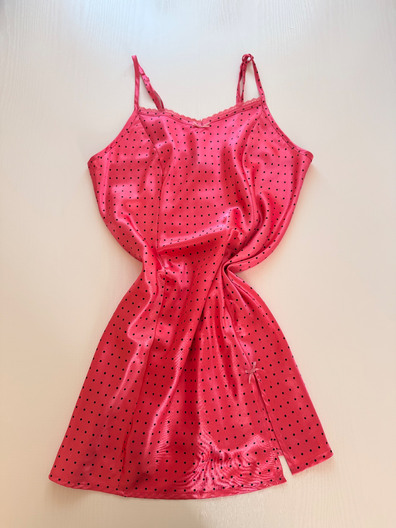 Vintage Y2K Hot Pink Polka Dot Satin Slip Dress Coquette Barbie 2000s Fairycore size S