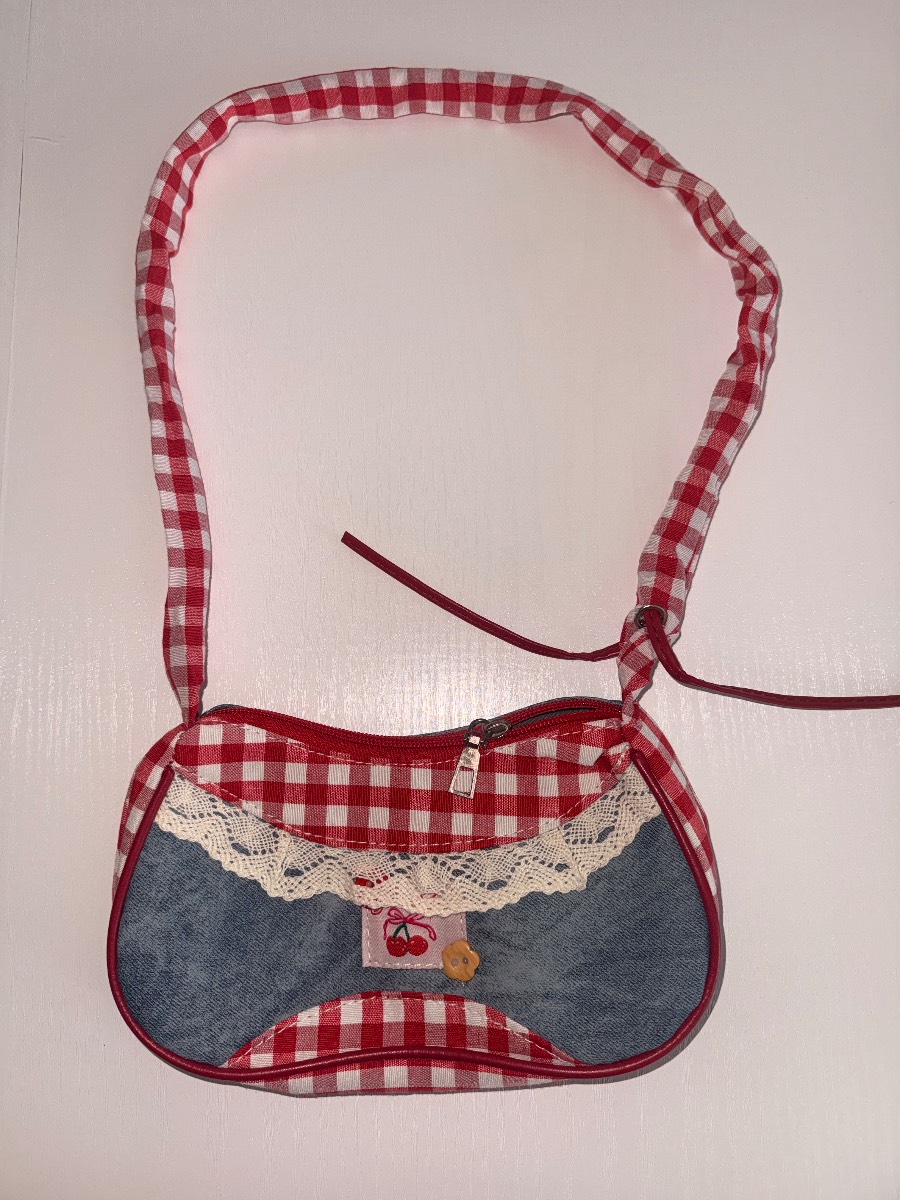 Y2K Cherry Gingham Denim Lace Mini Shoulder Bag Fairycore Coquette Retro 2000s Baguette Red white