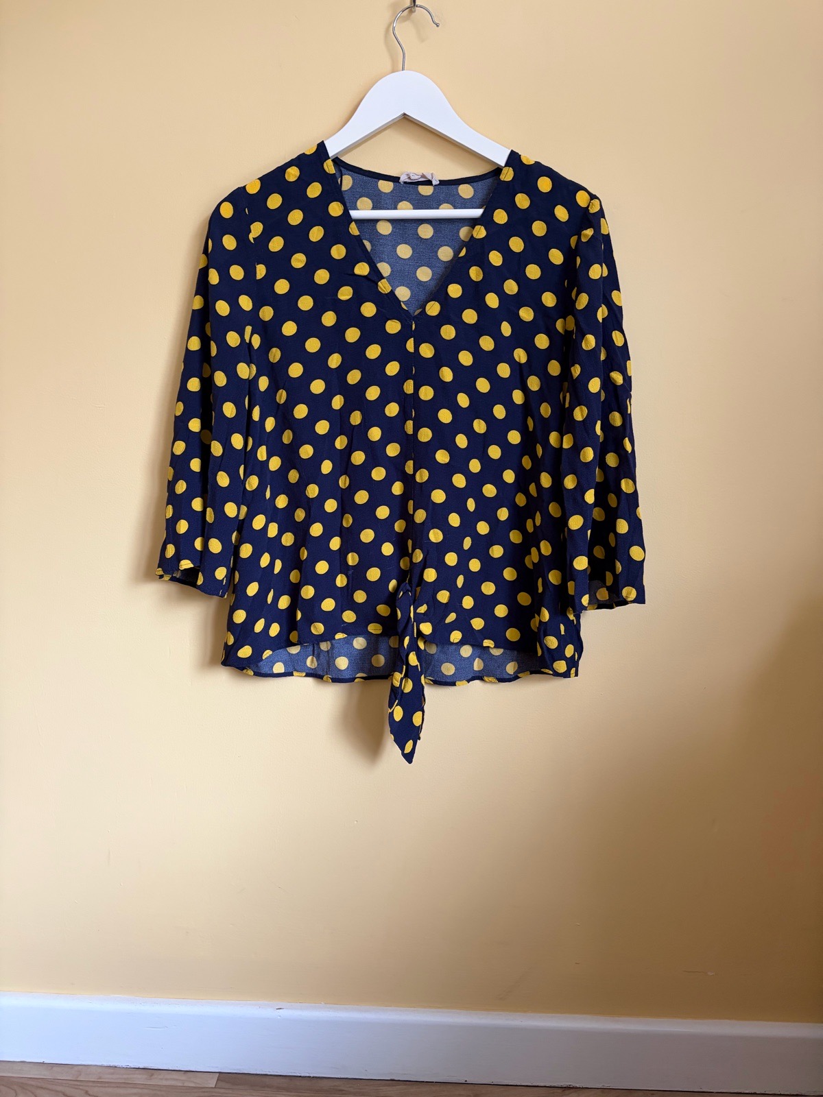 Phase Eight Navy & Yellow Polka Dot Tie Front Blouse - Size 14