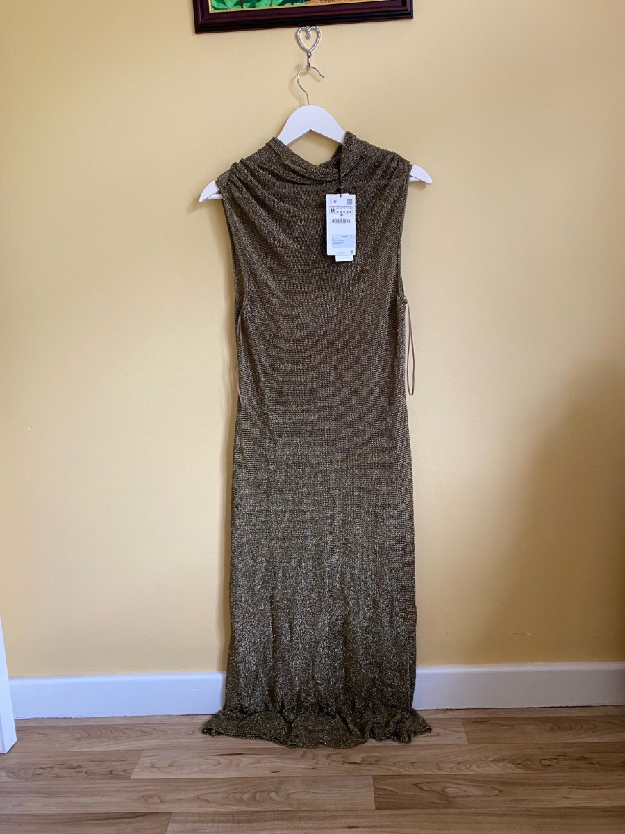 Brand New Zara Gold Metallic Knit Maxi Dress Size Medium (10)