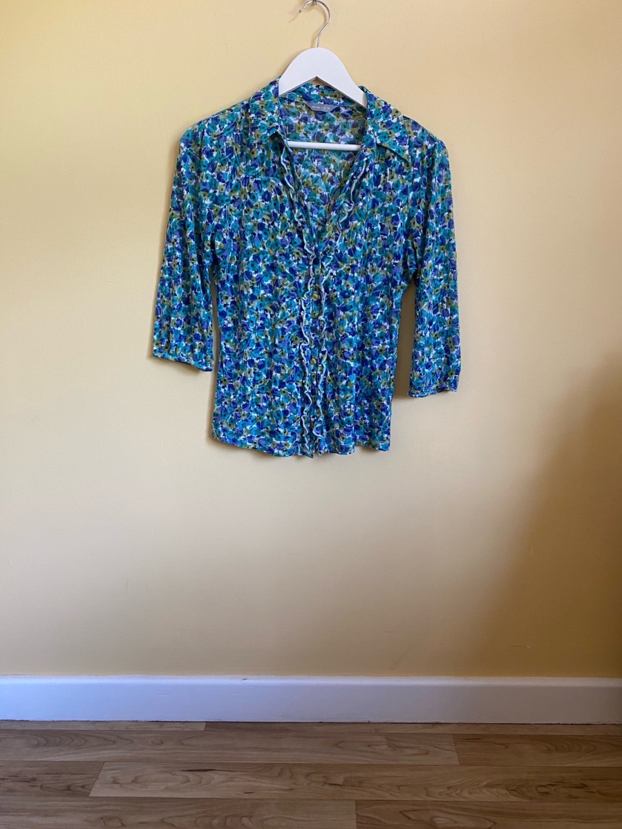 Per Una Blue & Green Floral Ruffle 3/4 Sleeve Blouse (Size 14)