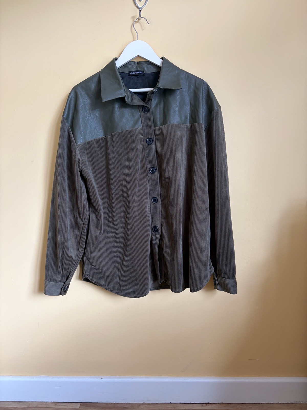I Saw It First Khaki Green Corduroy & Faux Leather Shacket - Size 12