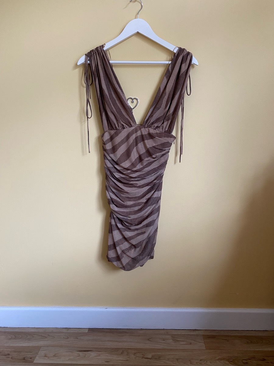 Zara Brown Zebra Print Ruched Plunging Mini Dress (Size M)