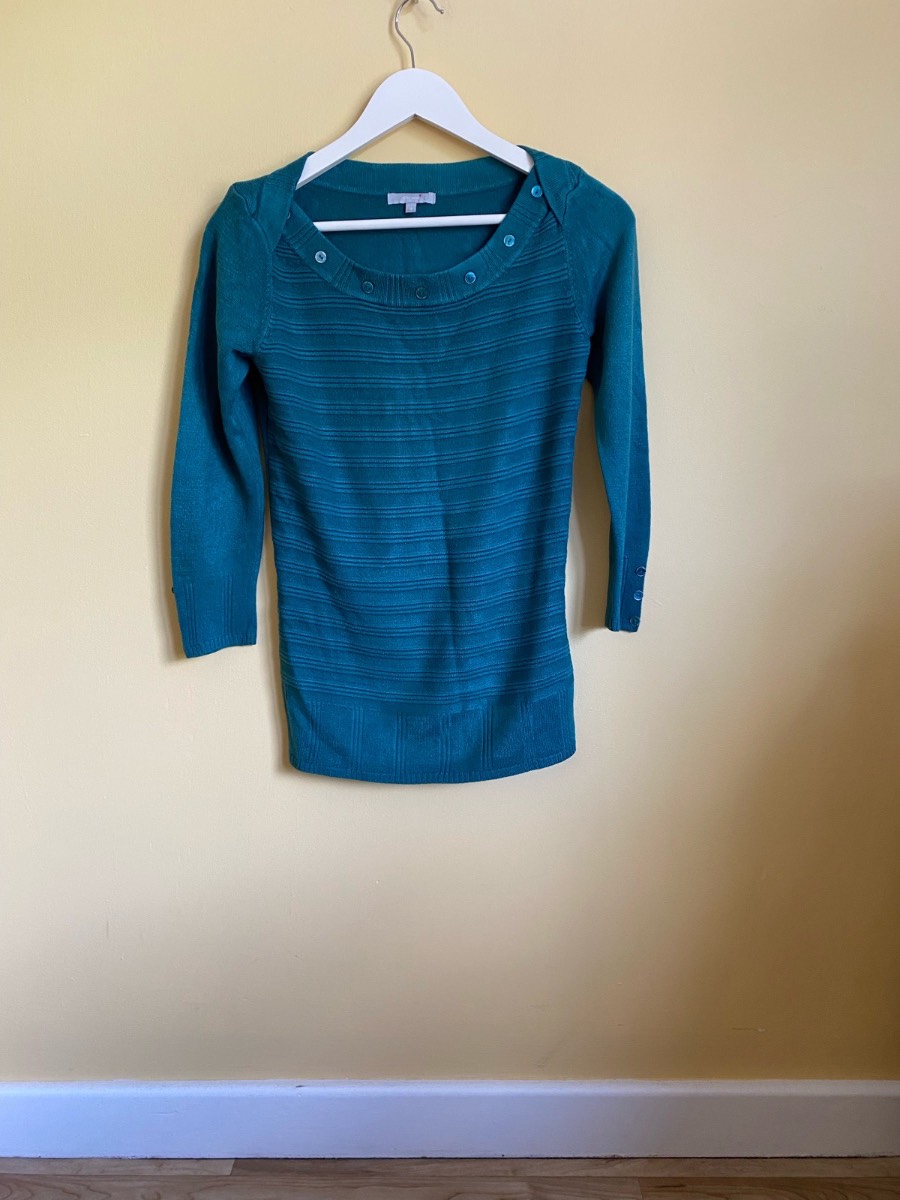 Per Una M&S Petrol Teal Button-Detail Ribbed Jumper (Size UK 8)