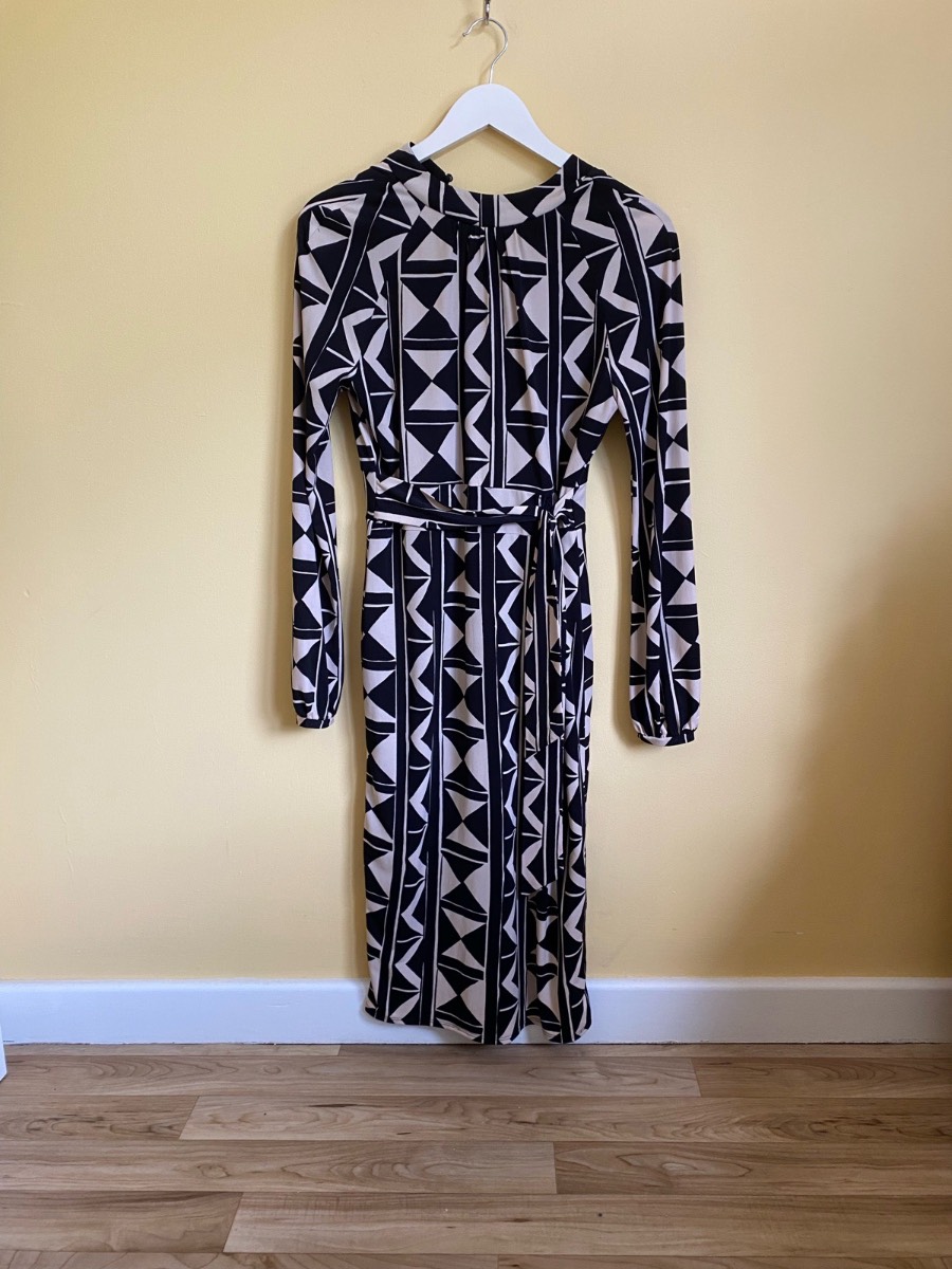 Principles Black & Cream Geometric High-Neck Midi Dress (Size UK 12)