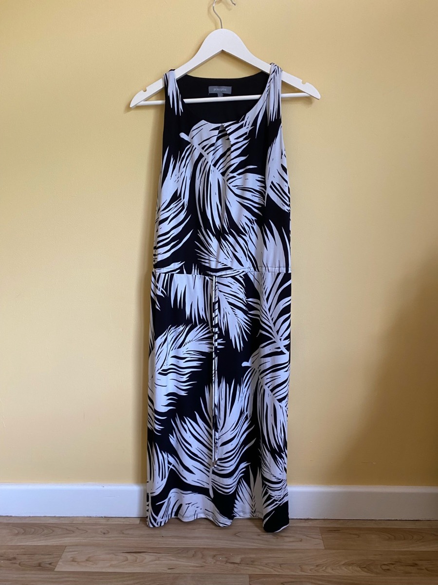 Principles Black & White Tropical Palm Print Sleeveless Midi Dress (Size UK 12)