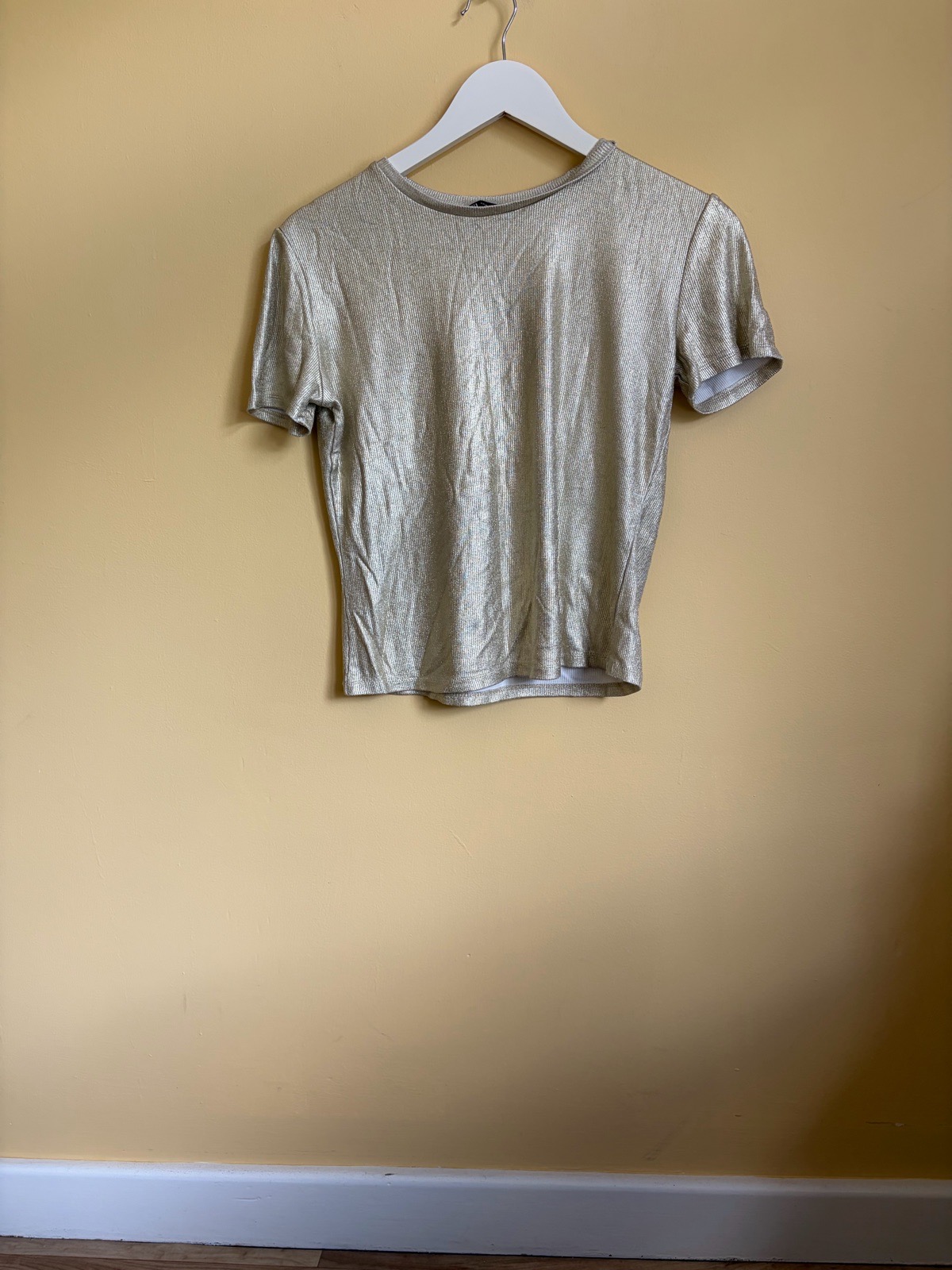 Zara Metallic Gold Ribbed Short Sleeve Top - Size M (UK 10-12)