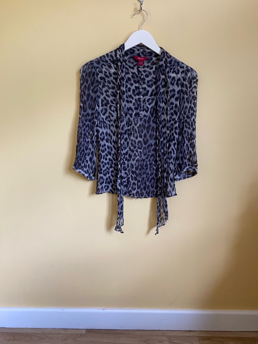 Monsoon Grey Animal Print Sheer Chiffon Tie-Neck Blouse (Size UK 12)