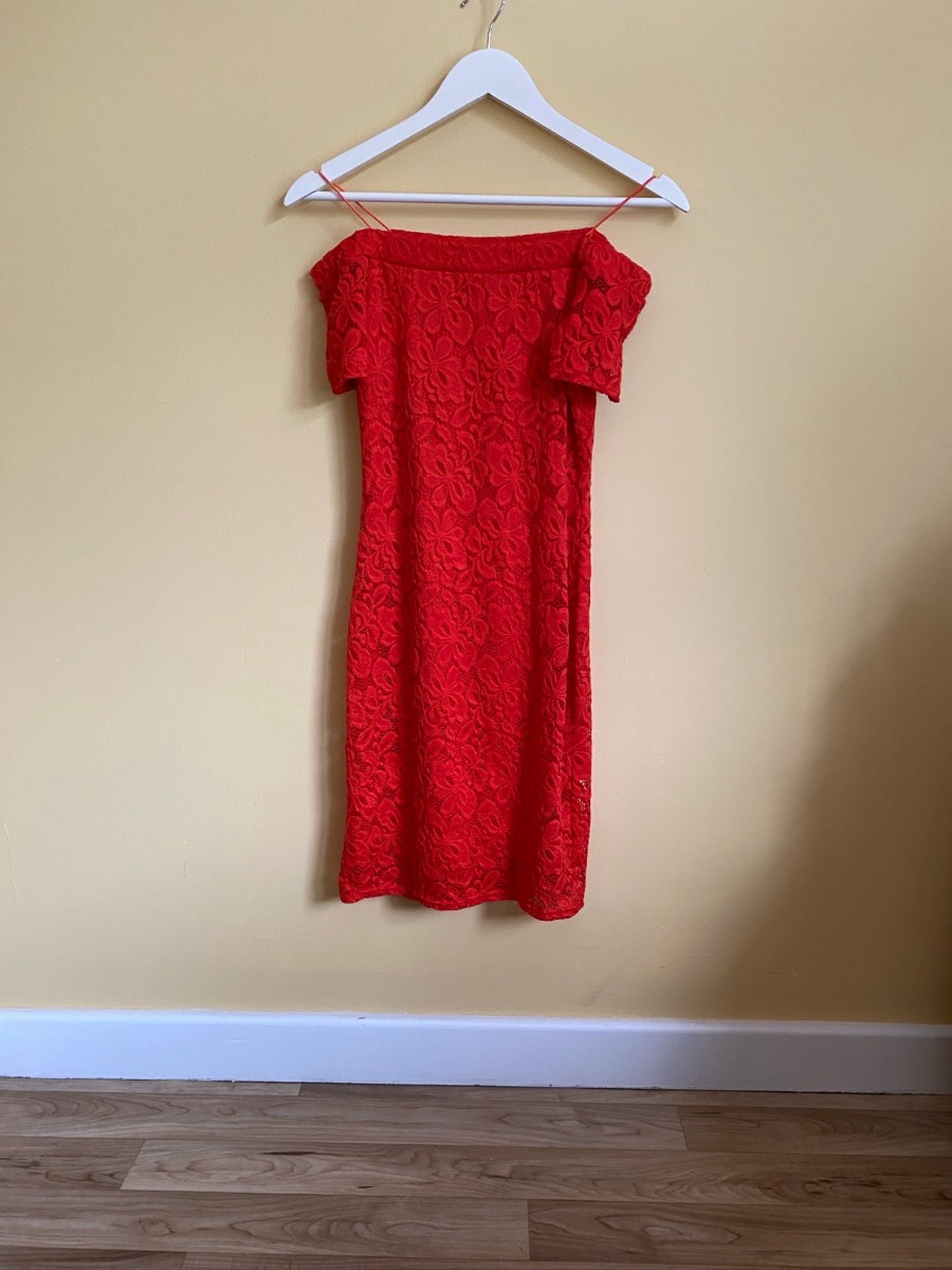 River Island Vibrant Red Floral Lace Bardot Bodycon Dress (Size UK 8)