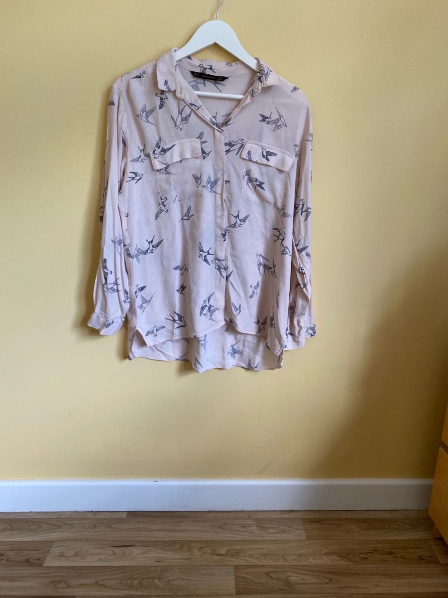 Zara Basic Blush Pink Swallow Bird Print Shirt (Size UK M)