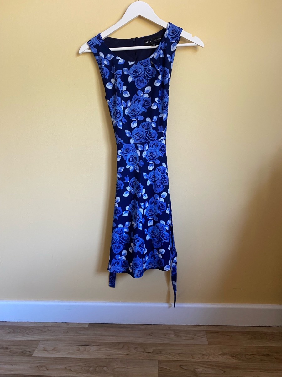 Mela London Blue Rose Floral Skater Dress (Size UK 8)