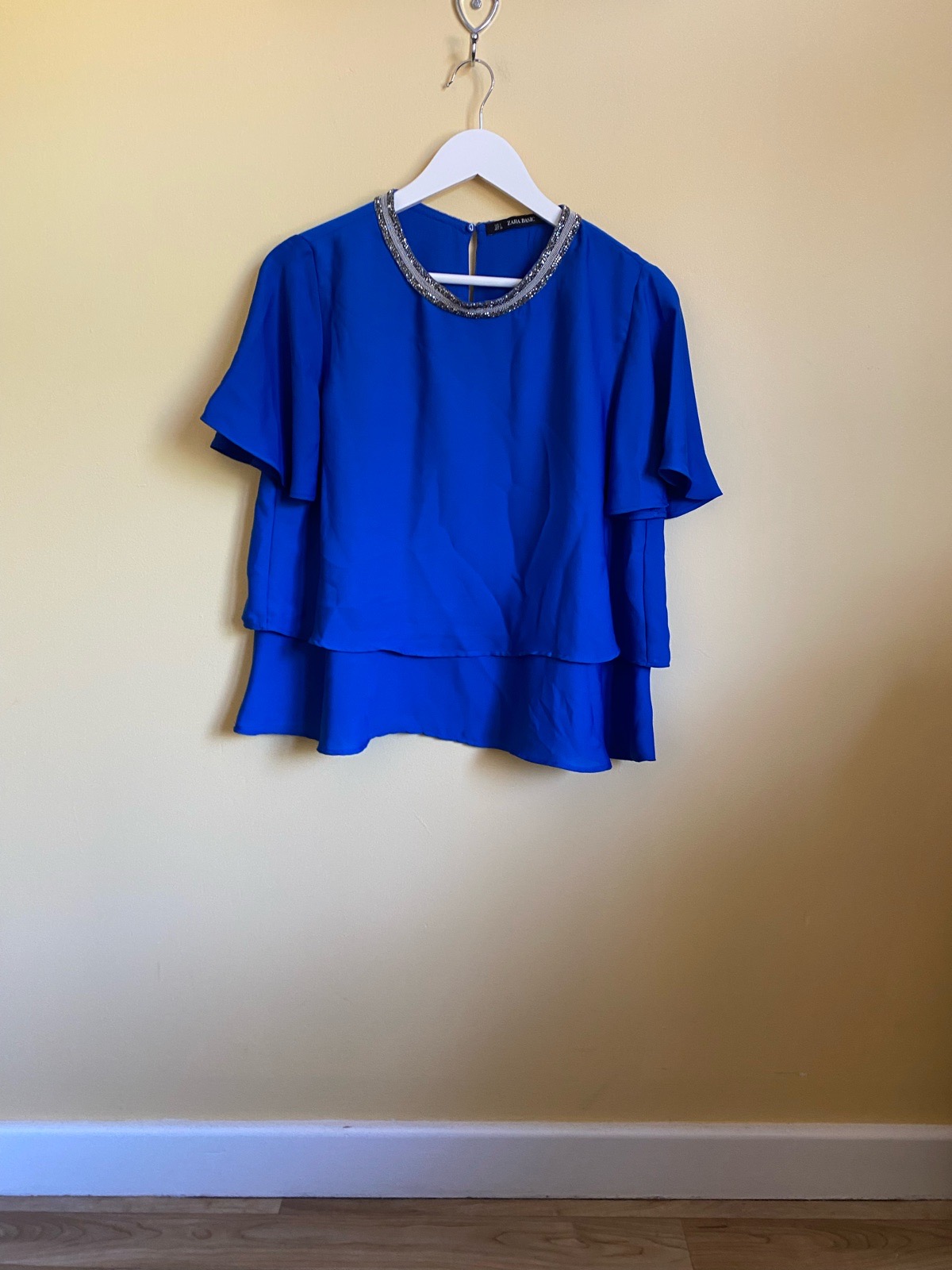 Zara Basic Cobalt Royal Blue Embellished Neck Tiered Top - Size Large (UK 12-14)
