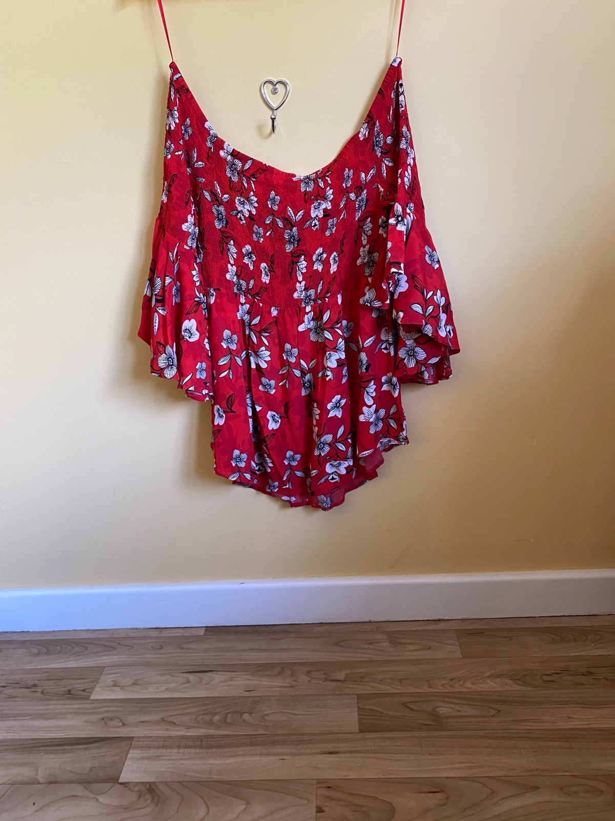 River Island Red Floral Shirred Bardot Top - Size 14