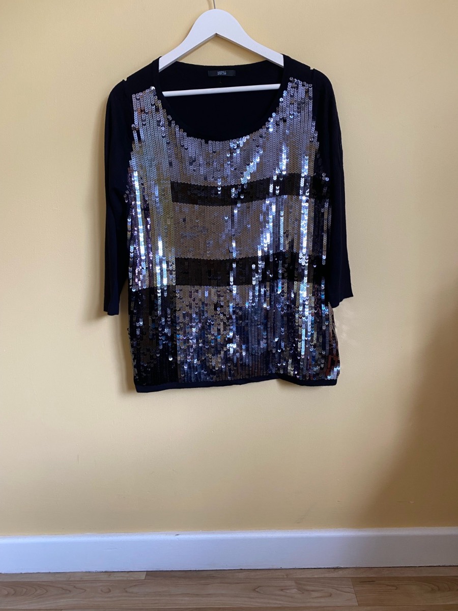 Marks & Spencer Black Sequin Panel Fine Knit Top (Size UK 18)