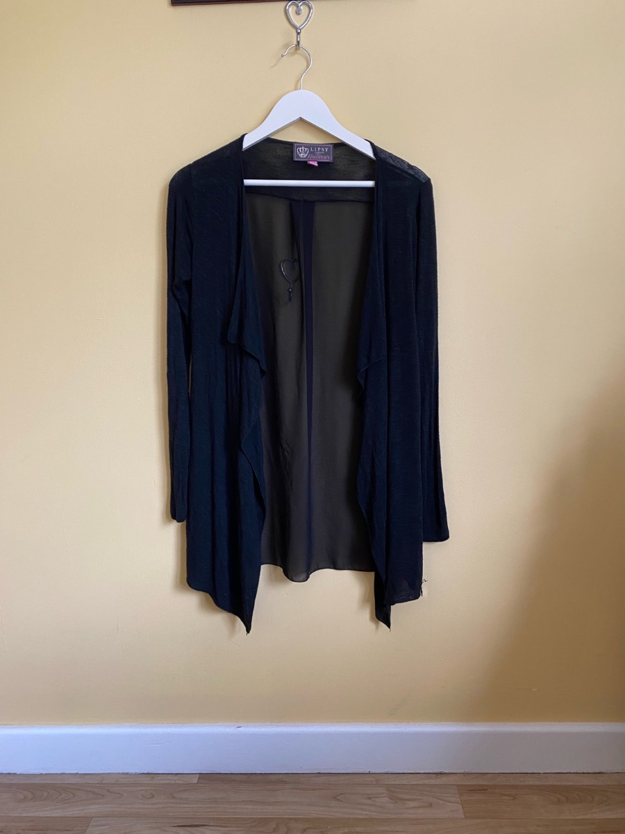 Lipsy London Knitwear Black Waterfall Cardigan with Sheer Back (Size 10)