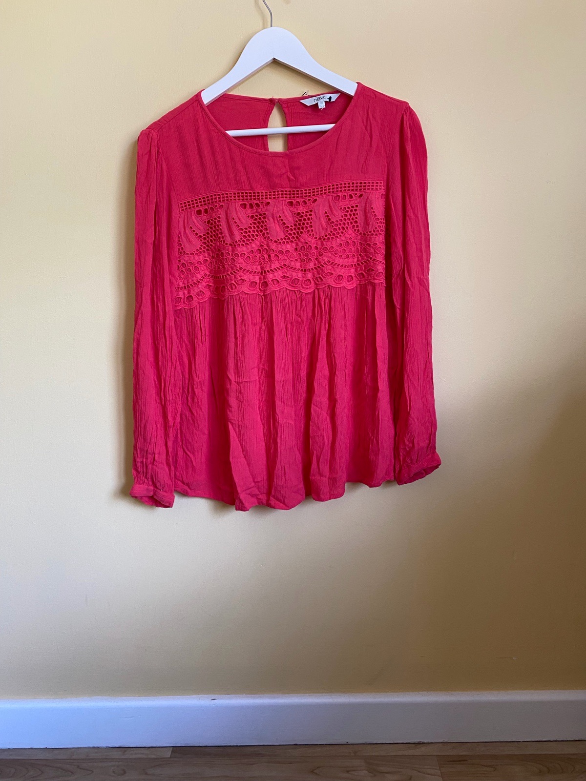 Next Bright Pink Embroidered Lace Trim Boho Blouse - Size 12