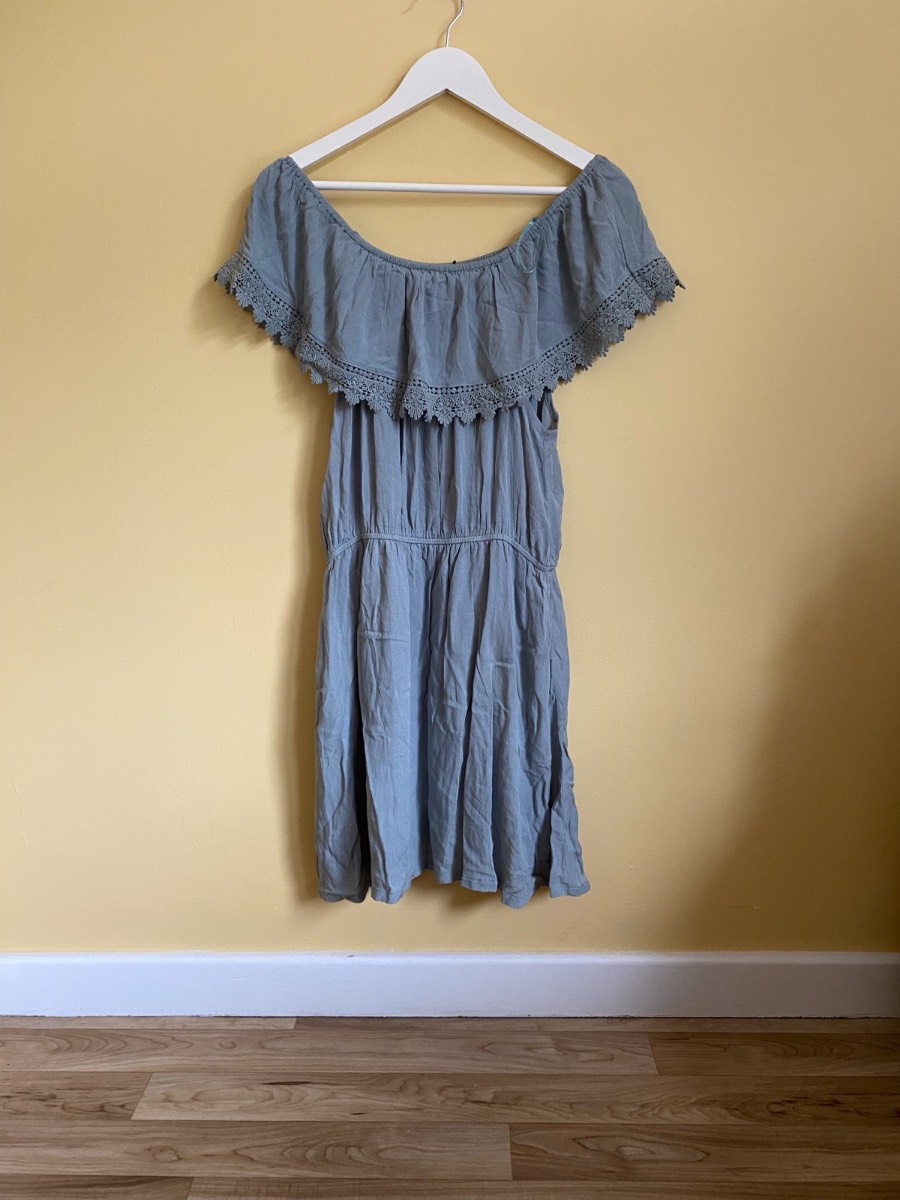 Apricot Sage Green Bardot Crochet Lace Trim Mini Dress (Size UK 16)
