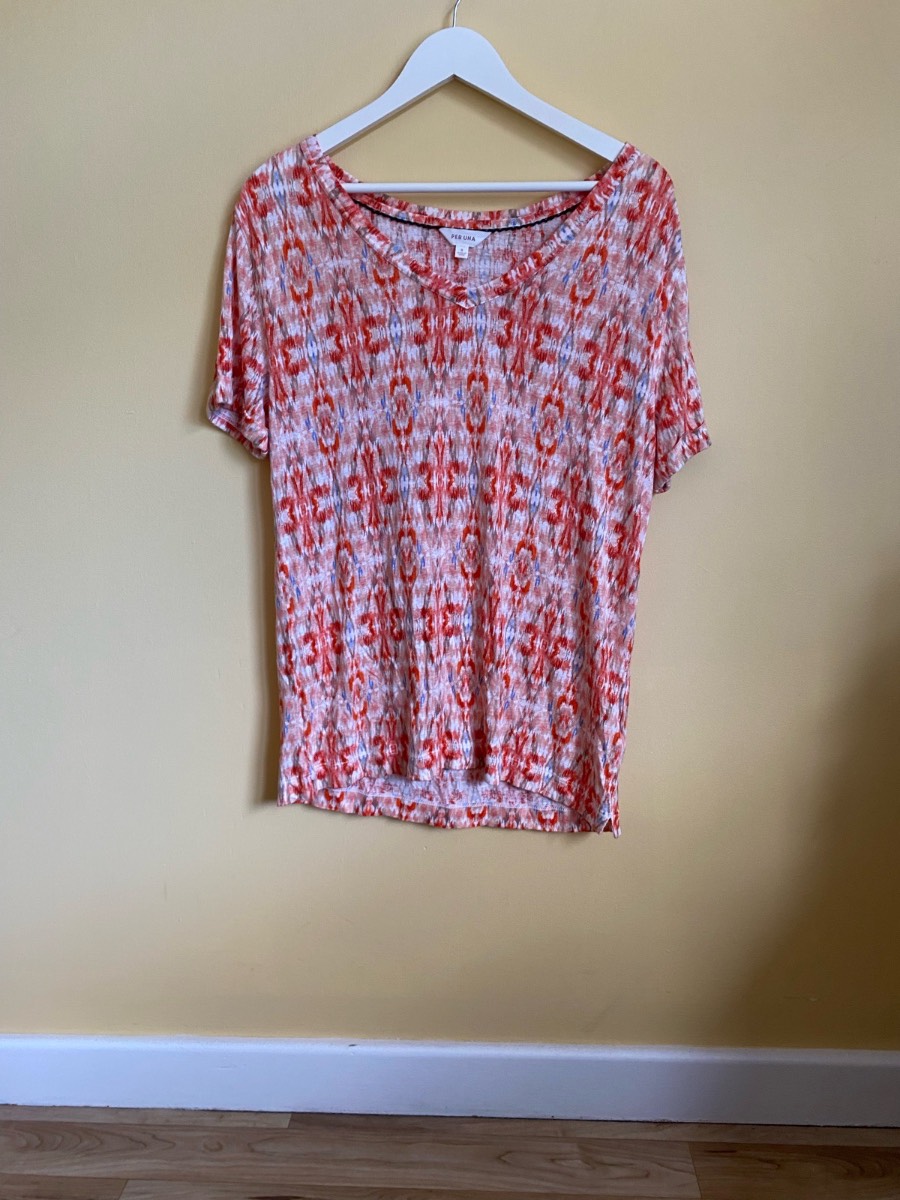 Per Una Coral Ikat Print Linen-Blend V-Neck Top (Size UK 8)