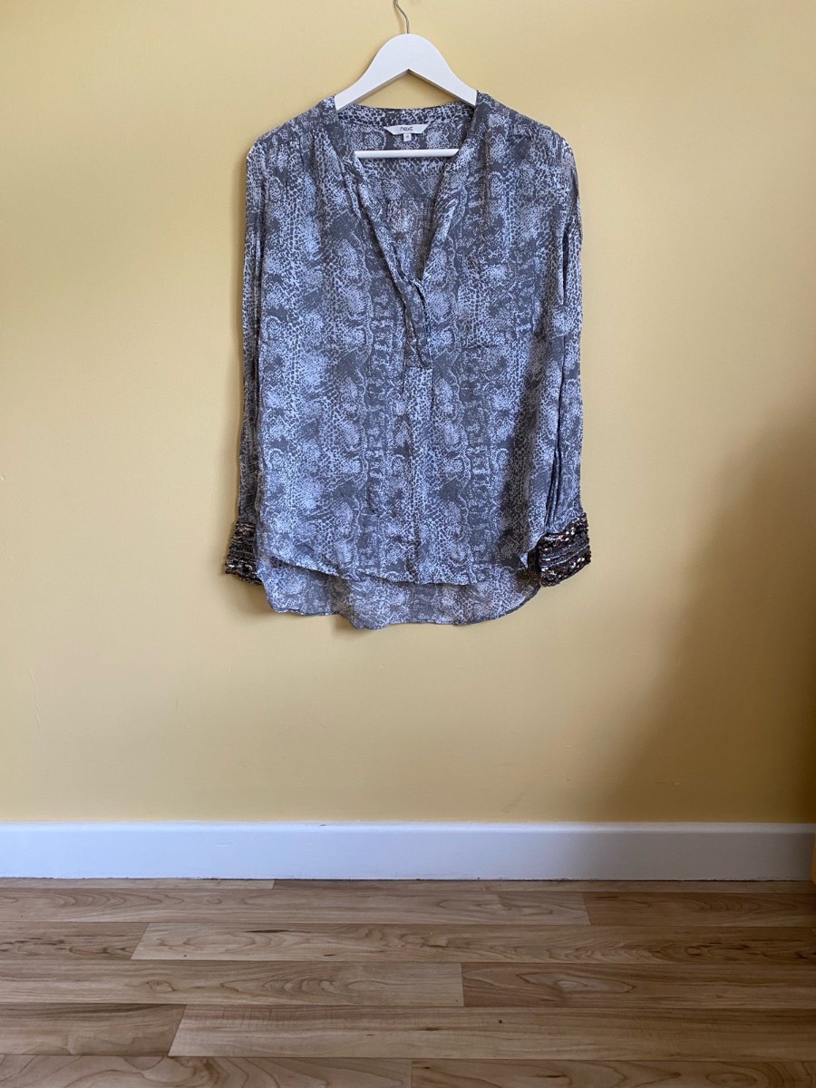 Next Grey Animal Print Sequin Cuffed Blouse (Size UK 12)