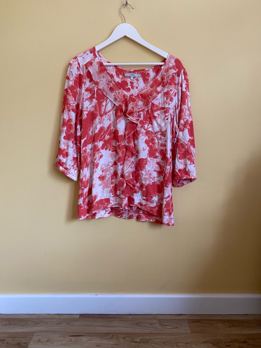 Next Coral Pink Floral Ruffle V-Neck Blouse (Size UK 16)