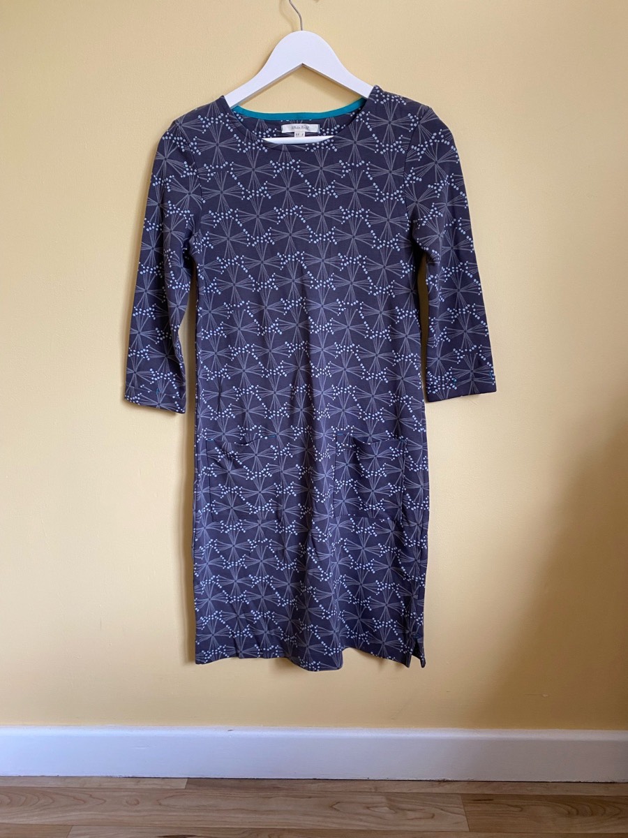 White Stuff Grey Dandelion Print Cotton Jersey Dress with Pockets - Size 8