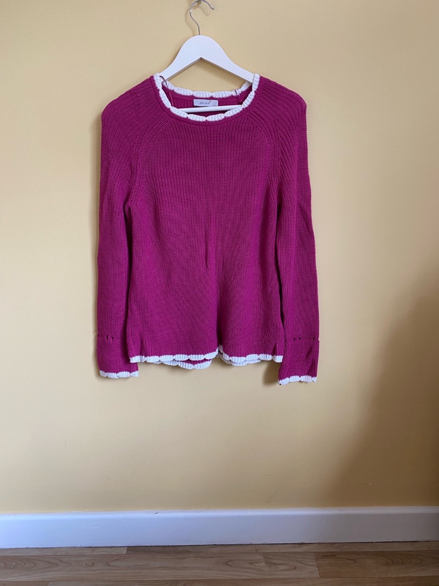 Per Una M&S Magenta Pink 100% Cotton Scallop Trim Jumper (Size UK 12)