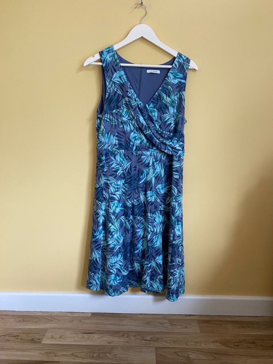 M&S Classic Blue Palm Leaf Wrap-Front Dress (Size UK 14)