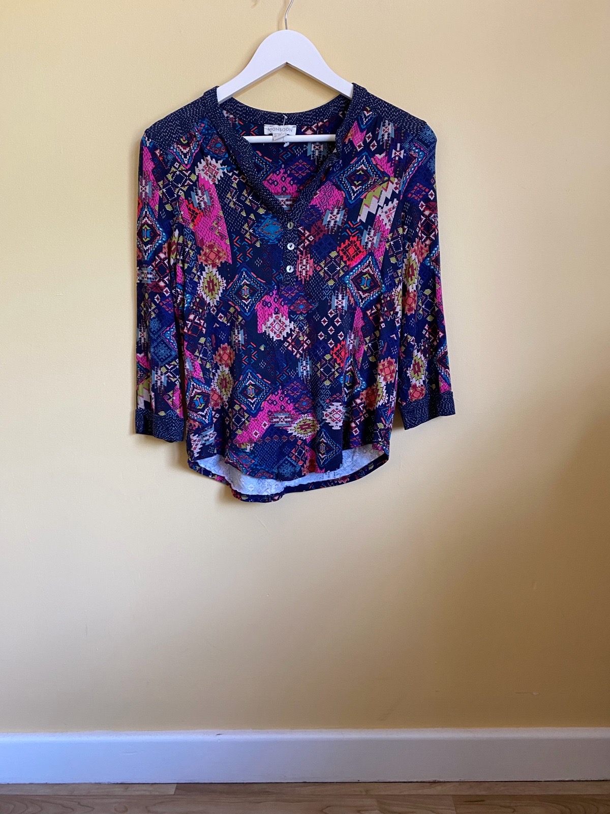 Monsoon Navy Multicolour Geometric Print Henley Top - Size 10