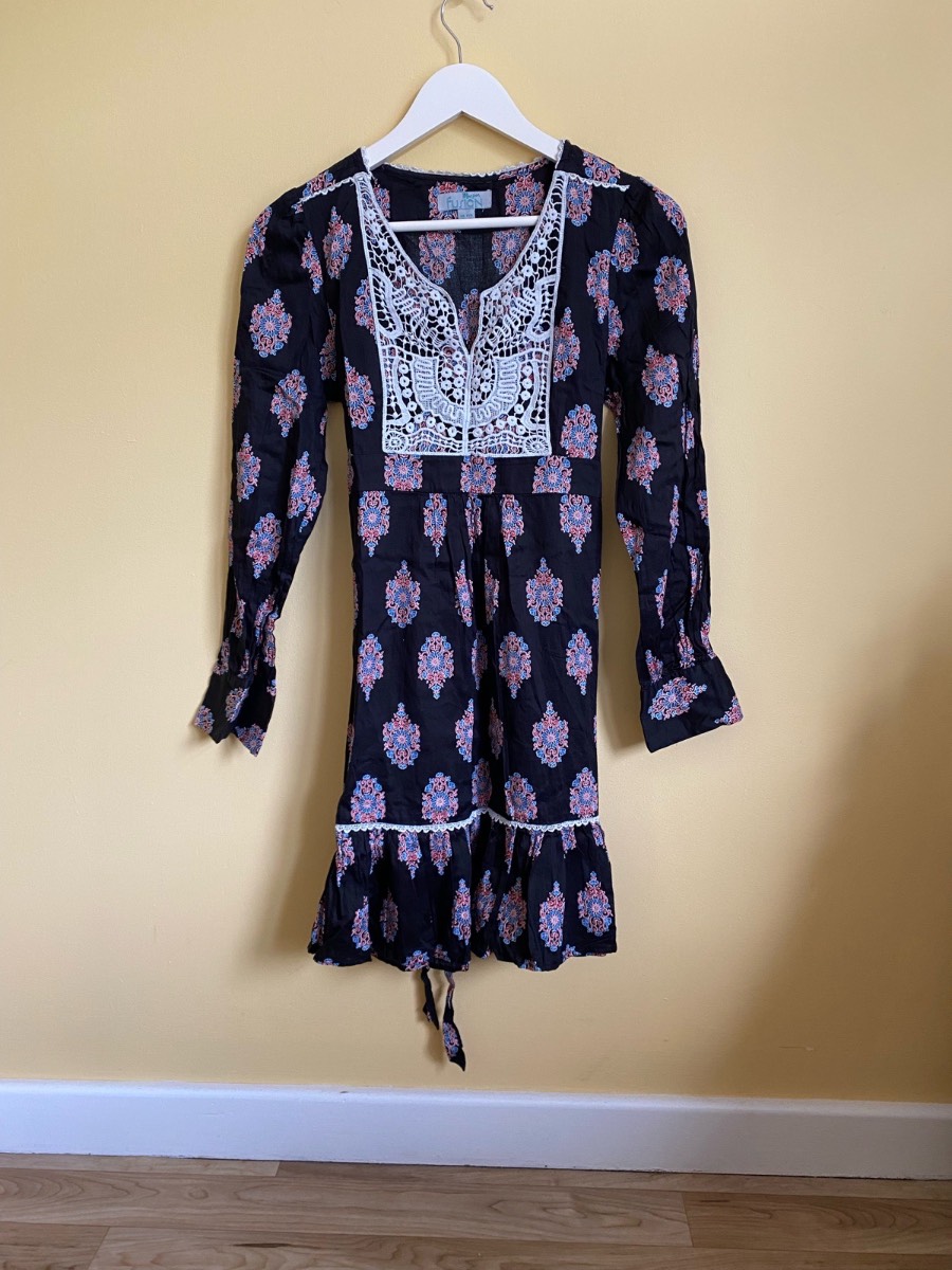 Monsoon Fusion Boho Crochet Detail Cotton Mini Dress (Size 10) Boho