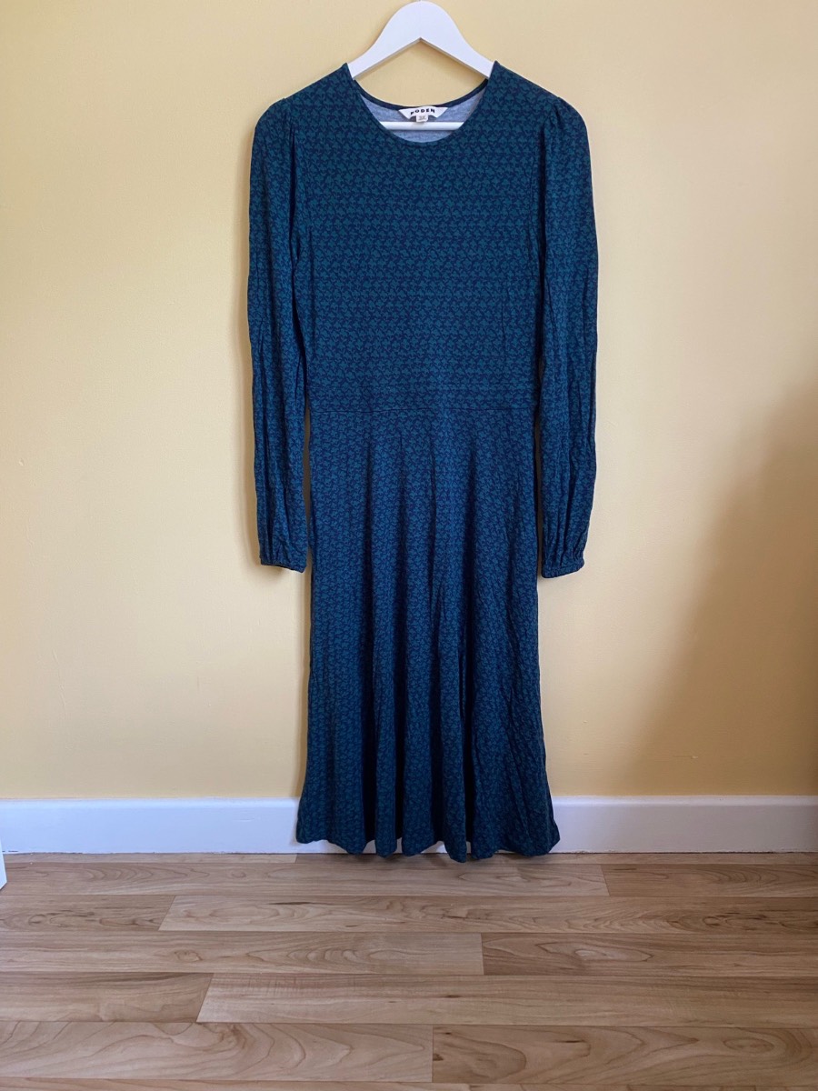 Boden Teal & Navy Floral Jersey Midi Dress (Size 10R)