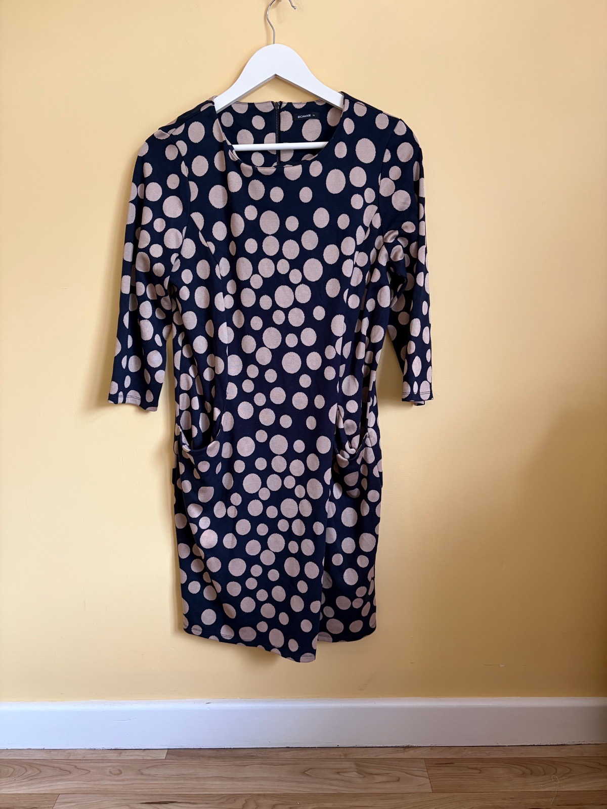 Roman Navy & Beige Polka Dot Shift Dress - Size 14