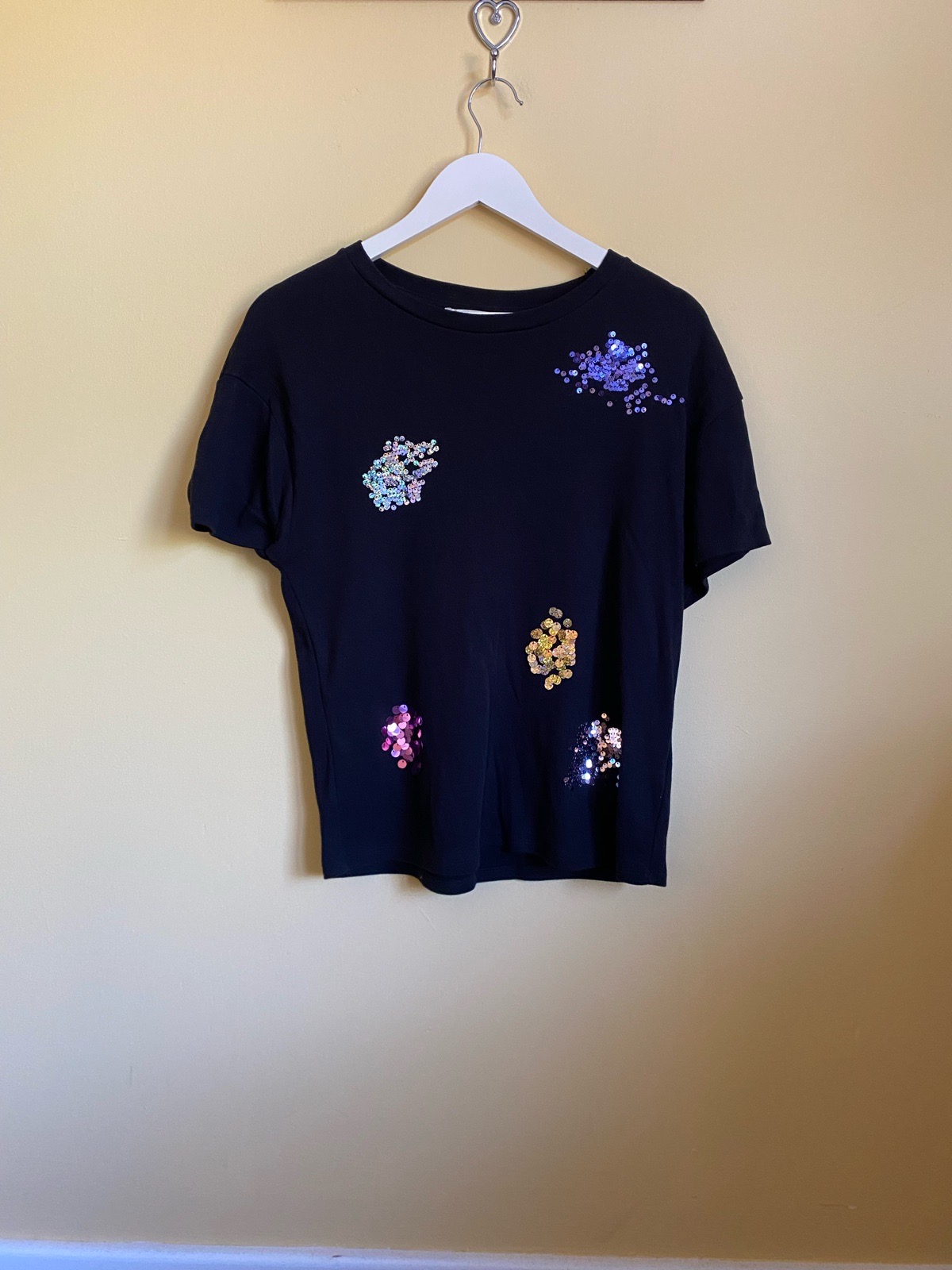 Zara Black Sequined Short Sleeve T-Shirt - Size M (UK 10-12)