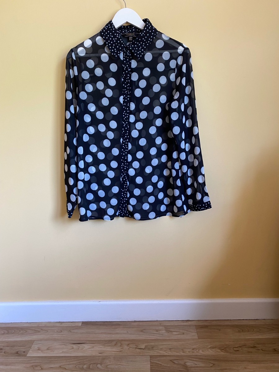 Lipsy London Black & White Mixed Polka Dot Sheer Shirt (Size UK 12)