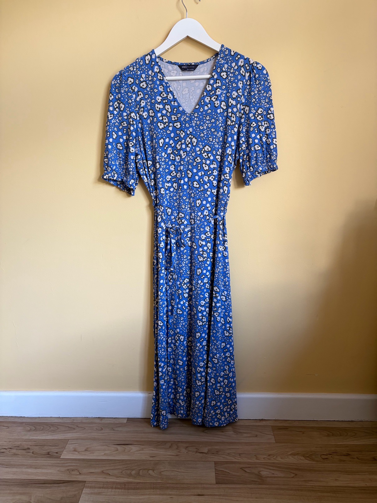 M&S Collection Blue Animal Print Midi Dress with Belt - Size 14 Regular