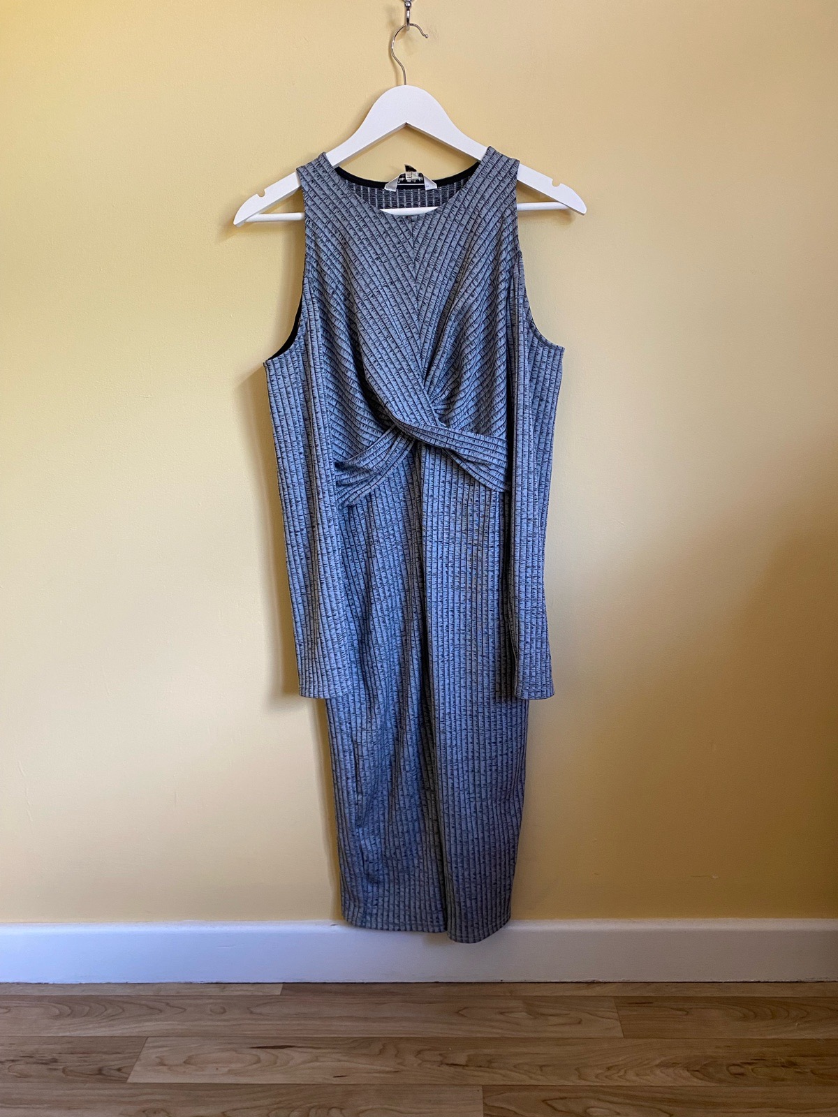 Miss Selfridge Grey Ribbed Cold Shoulder Twist Front Midi Dress - Size 14