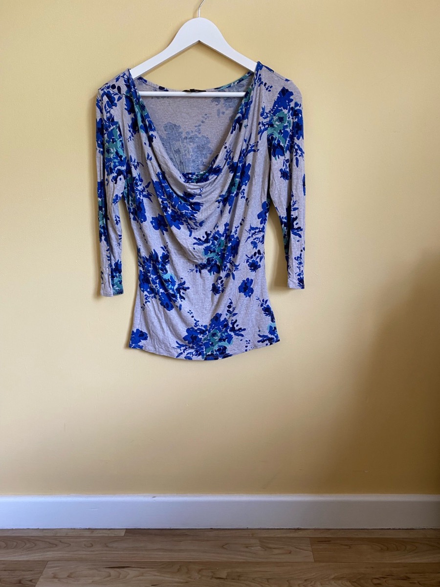 Phase Eight Grey & Blue Floral Draped Cowl Neck Top Size 14 3/4 Sleeve