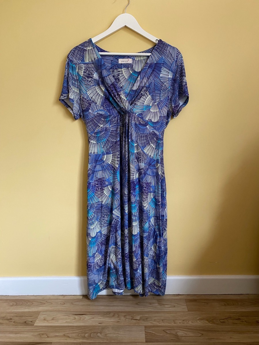 Per Una (M&S) Blue Geometric Fan Print Twist Front Midi Dress (Size UK 16)