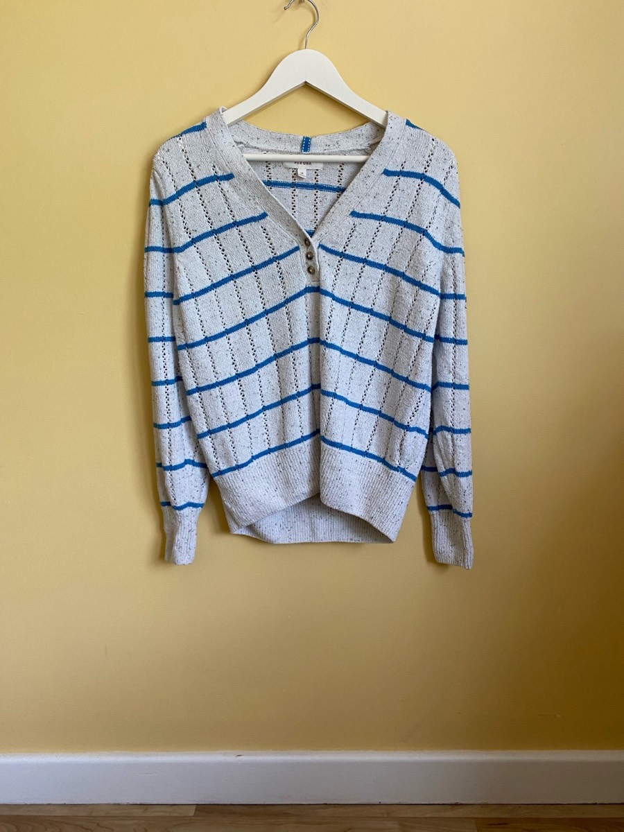 Per Una M&S Blue Striped Open-Knit Henley Jumper (Size UK 18)