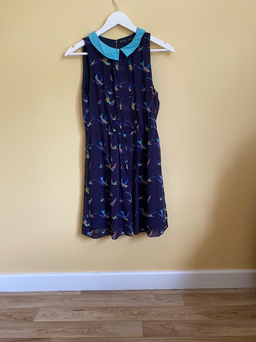 Zara Basic Navy Bird Print Peter Pan Collar Dress (Size Small)