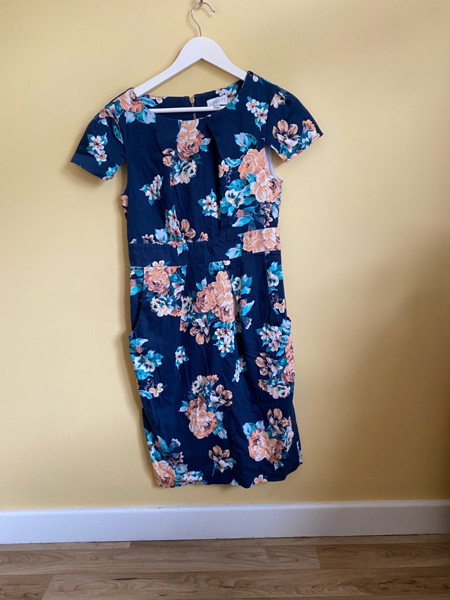 Apricot Navy Floral Stretch Cotton Shift Dress with Pockets (Size UK 12)